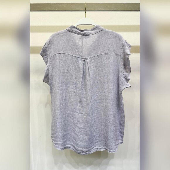 (8093-PRL) SOLID RUFFLE SHORT SLEEVE CHEST POCKET BUTTON DOWN LINEN TOP - Picture 2 of 6
